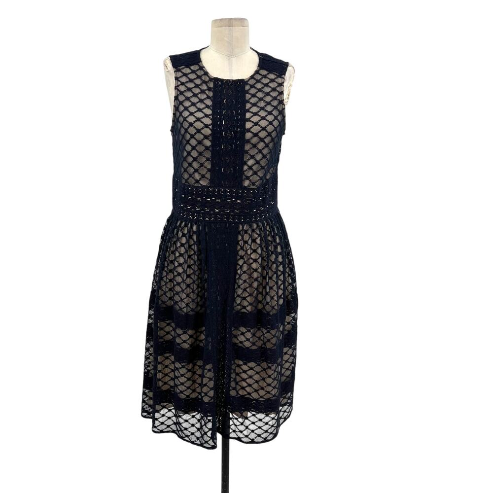 Sundance Avery Dress Embroidered Lace Mesh Sleeveless Navy Blue Size 8